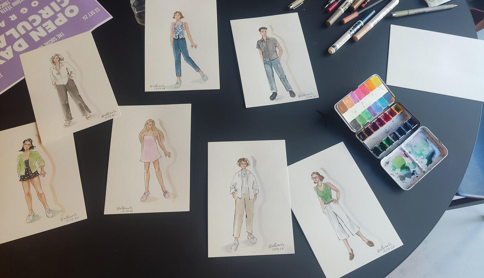 Live watercolour guest portraits painted during an event in Portugal